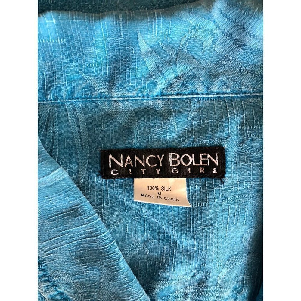 Nancy Bolen Womens Textured Blue Silk Button Down shirt Size M - Picture 9 of 12